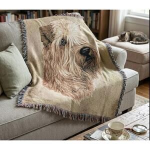 Vintage Linda Picken Wheaten Terrier Dog Tapestry Throw Blanket Fringe Cotton US